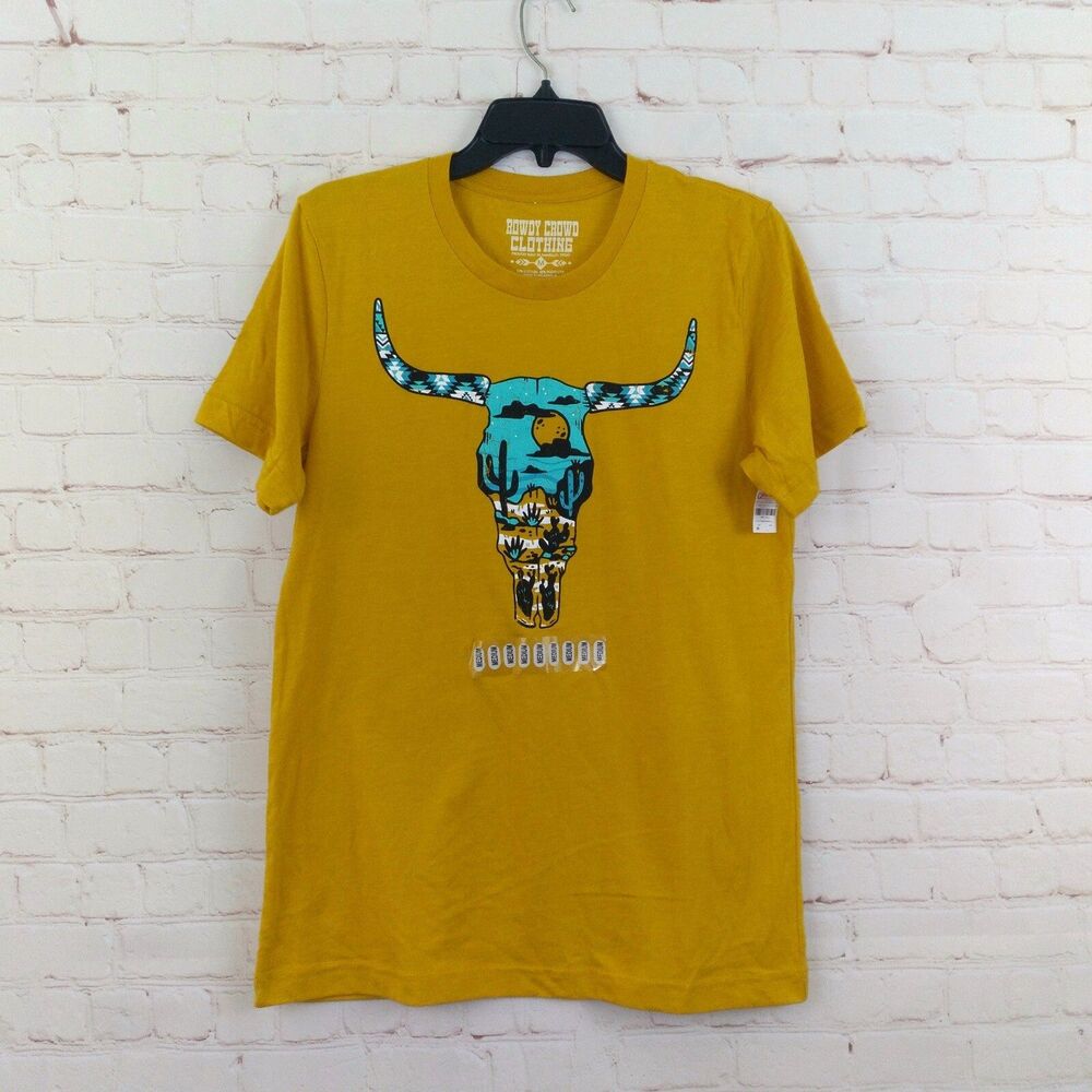 Rowdy Crowd Clothing T Shirt Womens Medium Yellow Skull Western Rodeo Aztec Tee